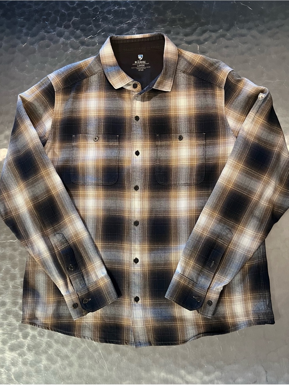 KÜHL Men's "The Law" Flannel Shirt Plaid Brown Black Gray Size Large